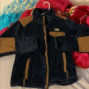 dark blue and brown LL Bean hi-pile fleece jacket